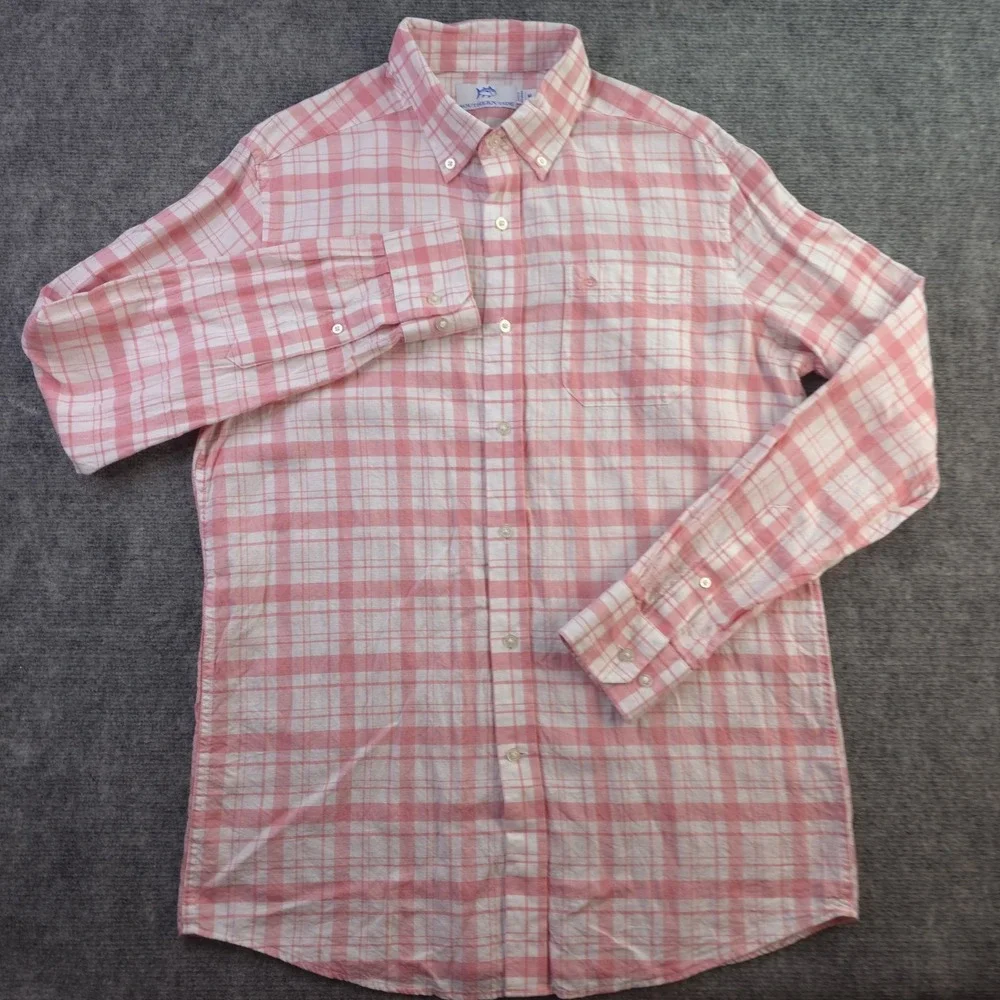 Southern‎ Tide Shirt Medium Pink Plaid Hemp Blend Long Sleeve Button Down - Picture 2 of 9